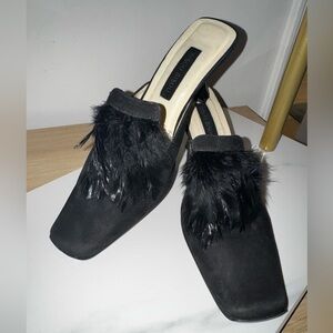 Vintage Bisou Bisous Black Feathered and Suede Women's Mules